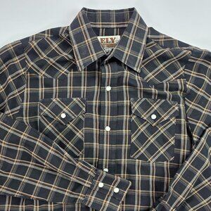 Ely Cattleman Shirt Mens Large Black Brown Plaid Western Pearl Snap Long Sleeve